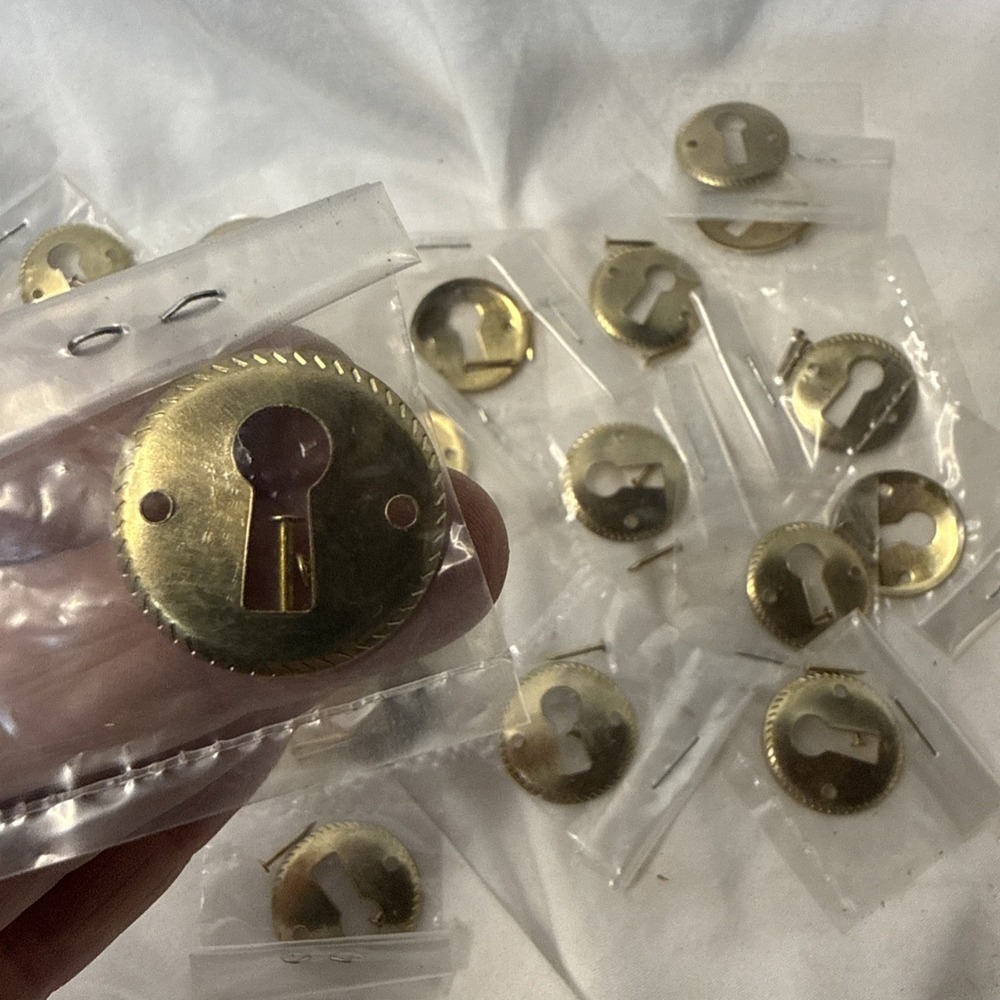 Lot of 9 Brass 1" Round Rope Keyhole Escutcheon Lock Cover Plate Furniture  NOS
